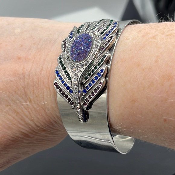 Vintage Large stainless steel rhinestone peacock feather cuff bracelet - Picture 8 of 13